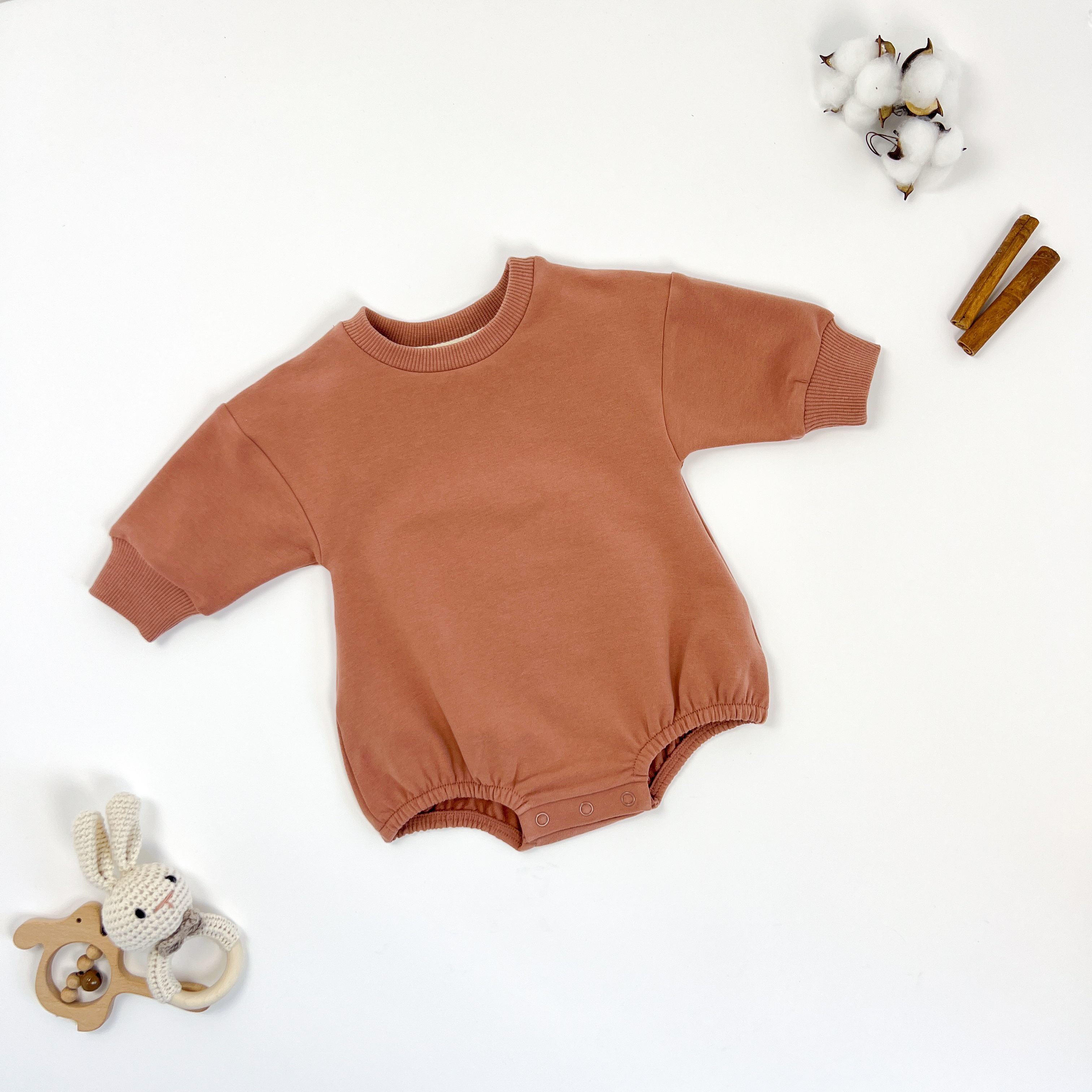 Autumn Baby French Terry Drop Sleeves Pullover Bubble Romper Baby Organic Cotton Sweatshirt Romper