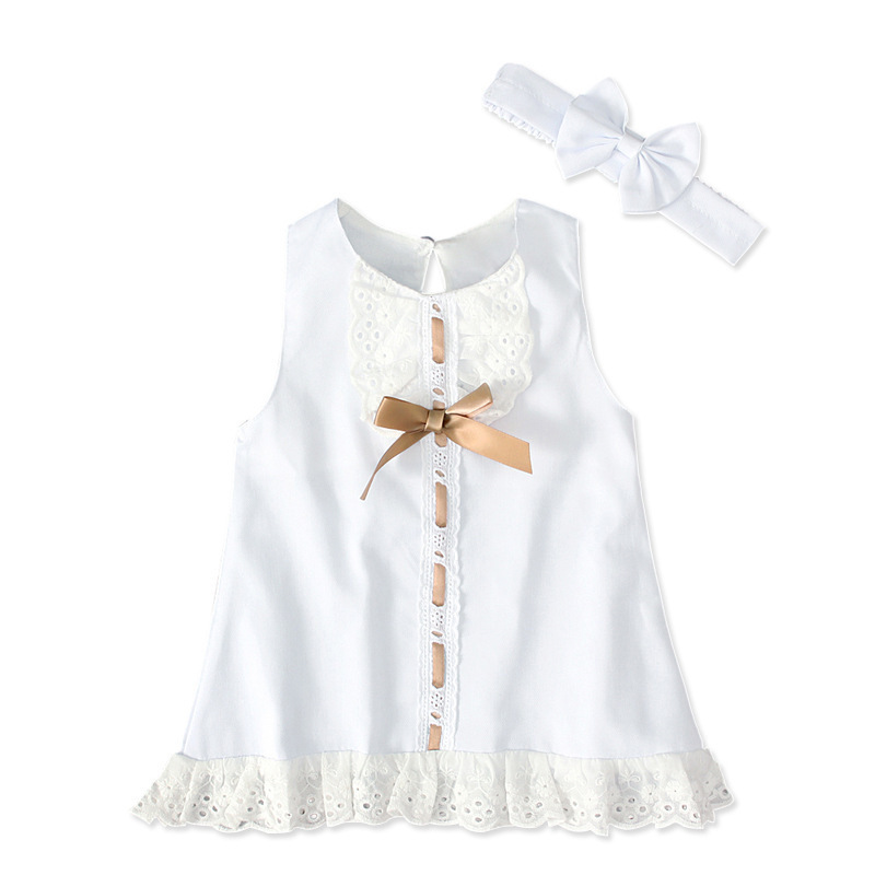 Baby Summer Clothes 0-24M Infant Newborn Baby Girl Lace Dress Sleeveless Bowknot Solid Gown dress with Headband