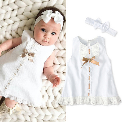 Baby Summer Clothes 0-24M Infant Newborn Baby Girl Lace Dress Sleeveless Bowknot Solid Gown dress with Headband