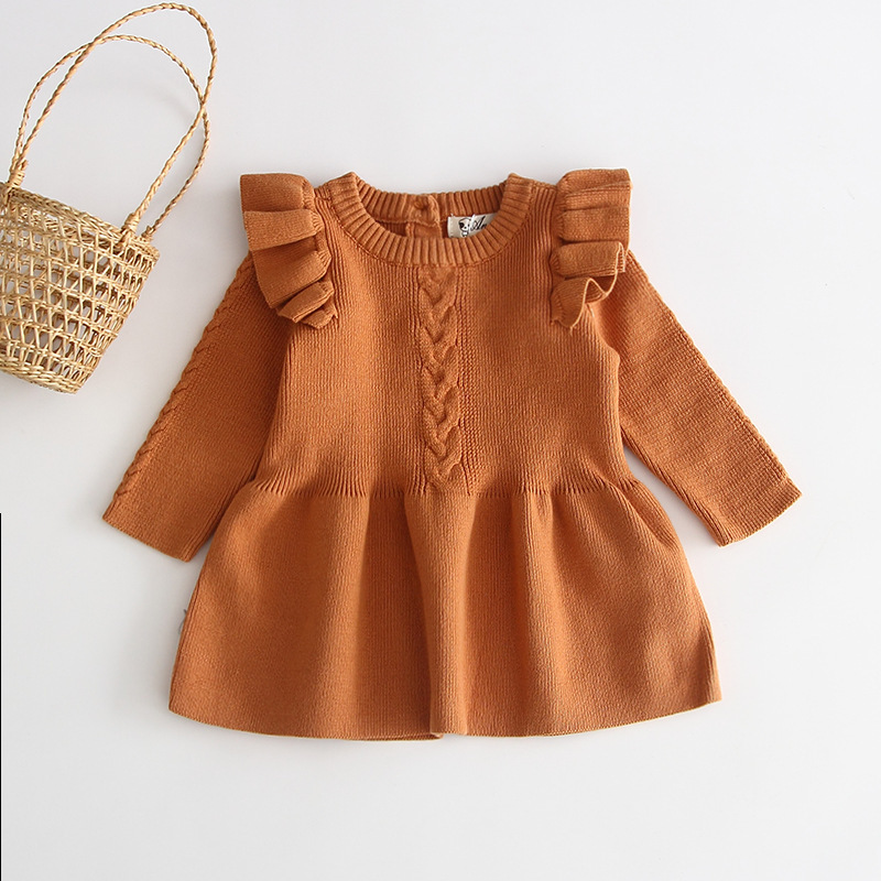 Winter Kids Toddler Girl Clothing Sweet Thick Pullover Party Dresses Long Sleeve Ruffles Knitted Sweater Dress Baby Clothes