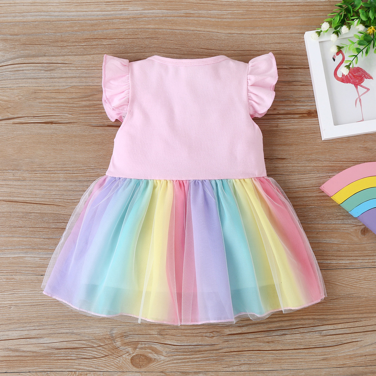 New Summer Baby Girls Tutu Dress Children Party Little Girl Kids Clothes Flying Sleeve Princess Rainbow Patchwork Outfits Dress