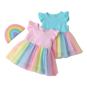 New Summer Baby Girls Tutu Dress Children Party Little Girl Kids Clothes Flying Sleeve Princess Rainbow Patchwork Outfits Dress