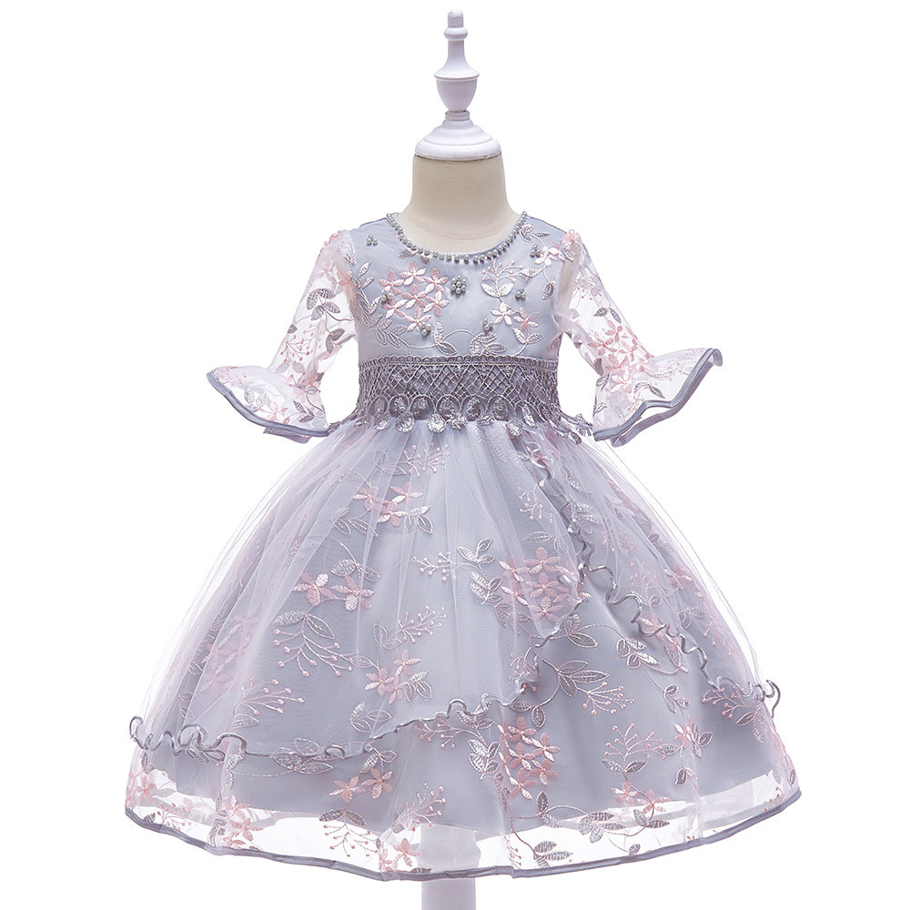 Girls Lace Embroidered Flowers Princess Wedding Baptism Dress Long Sleeve Formal Party Dresses for Toddler Baby Girl