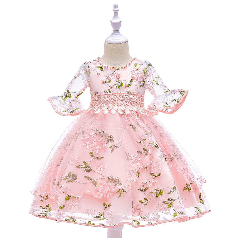 Girls Lace Embroidered Flowers Princess Wedding Baptism Dress Long Sleeve Formal Party Dresses for Toddler Baby Girl