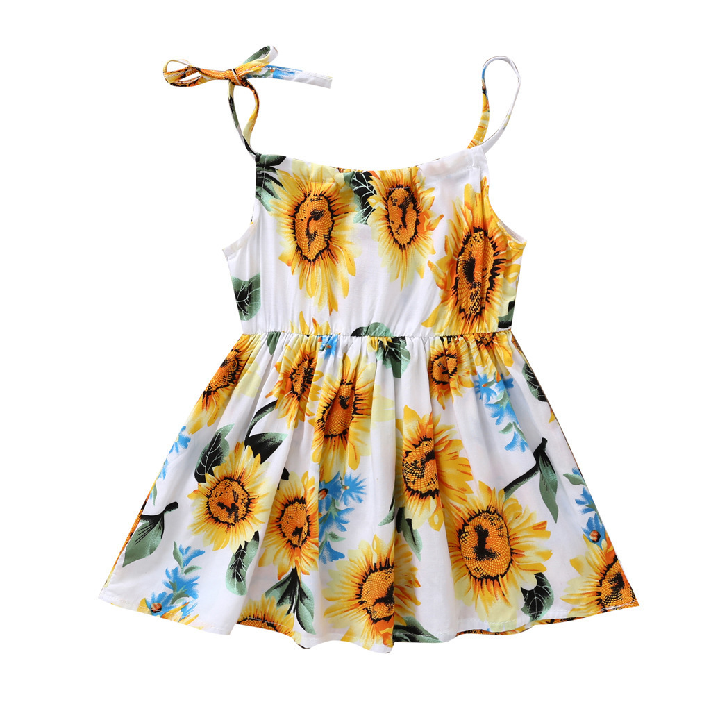 Summer New 100% Cotton Kids Sunflower Flower Princess Little Baby Girls Sleeveless Casual Sling Dress