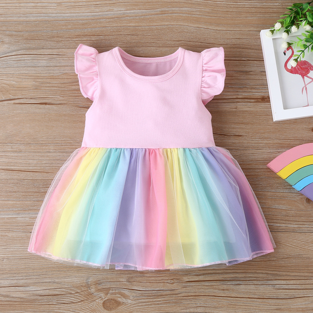 New Summer Baby Girls Tutu Dress Children Party Little Girl Kids Clothes Flying Sleeve Princess Rainbow Patchwork Outfits Dress