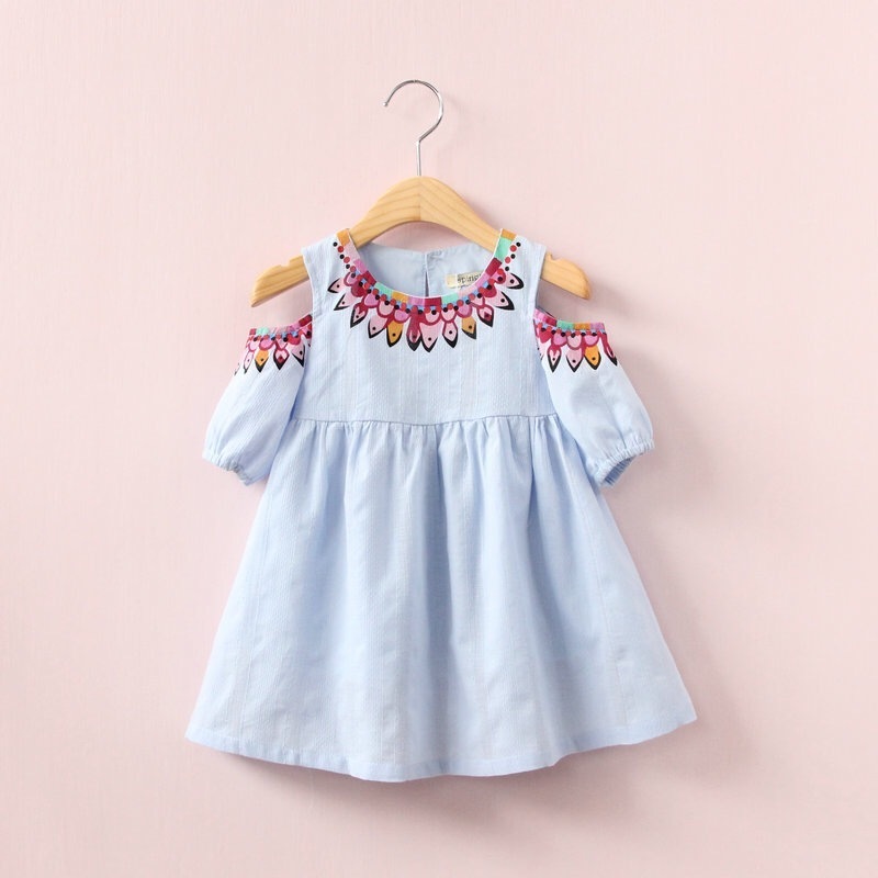 2020 Spring Summer Toddler Girls Dress Off Shoulder Round Collar Pure Cotton Children Girls Dress