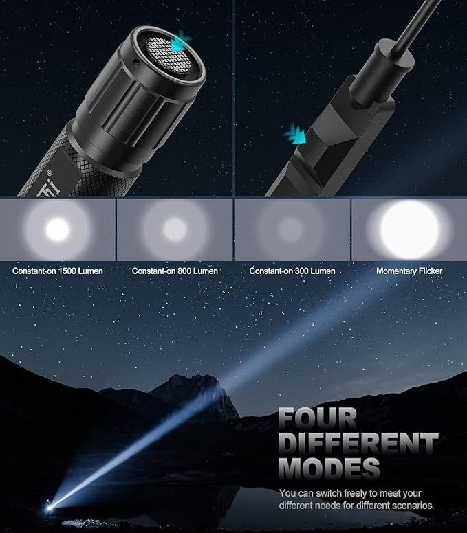 1500 Lumen LED Tactical Flashlight Rechargeable IPX7 Protection 4 Modes Included with Pressure Switch and Offset Mount