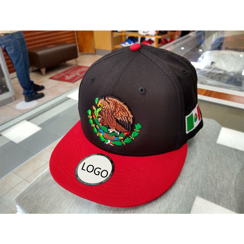 Wholesale Comfortable Classic Flat brim Plain Pattern 6 Panel Mexico logo Black Red Baseball cap