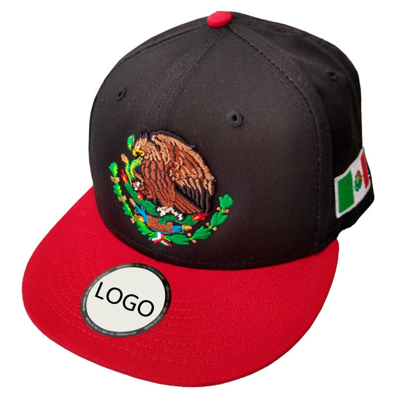 Wholesale Comfortable Classic Flat brim Plain Pattern 6 Panel Mexico logo Black Red Baseball cap