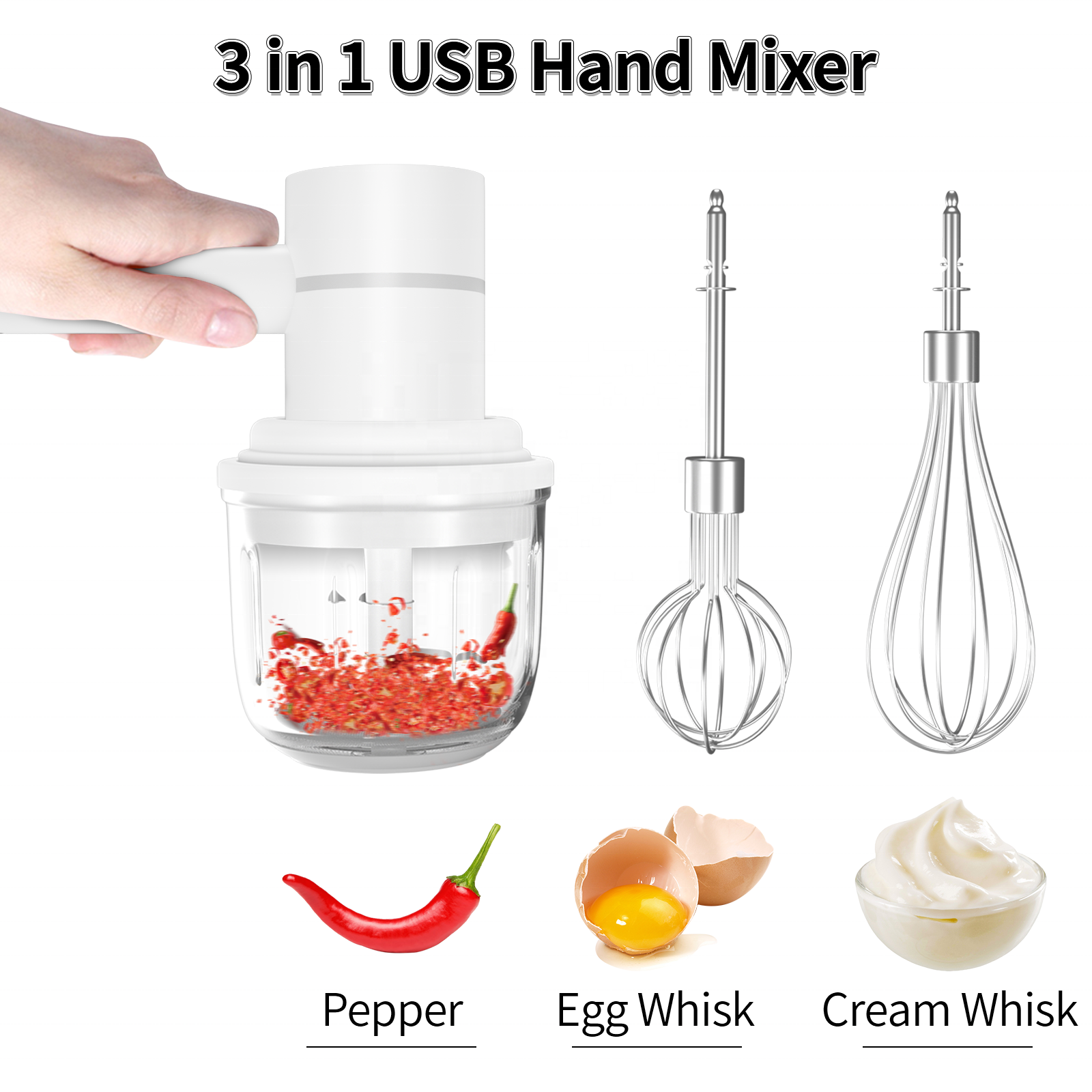 USB Wireless Hand Grinder 3IN1 Baby Food Chopper Electric Egg Beater Portable Blender Mixer Set