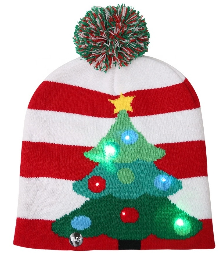 Fashion wholesale winter acrylic Christmas gingerbread man knit warm led pom beanie and scarf set