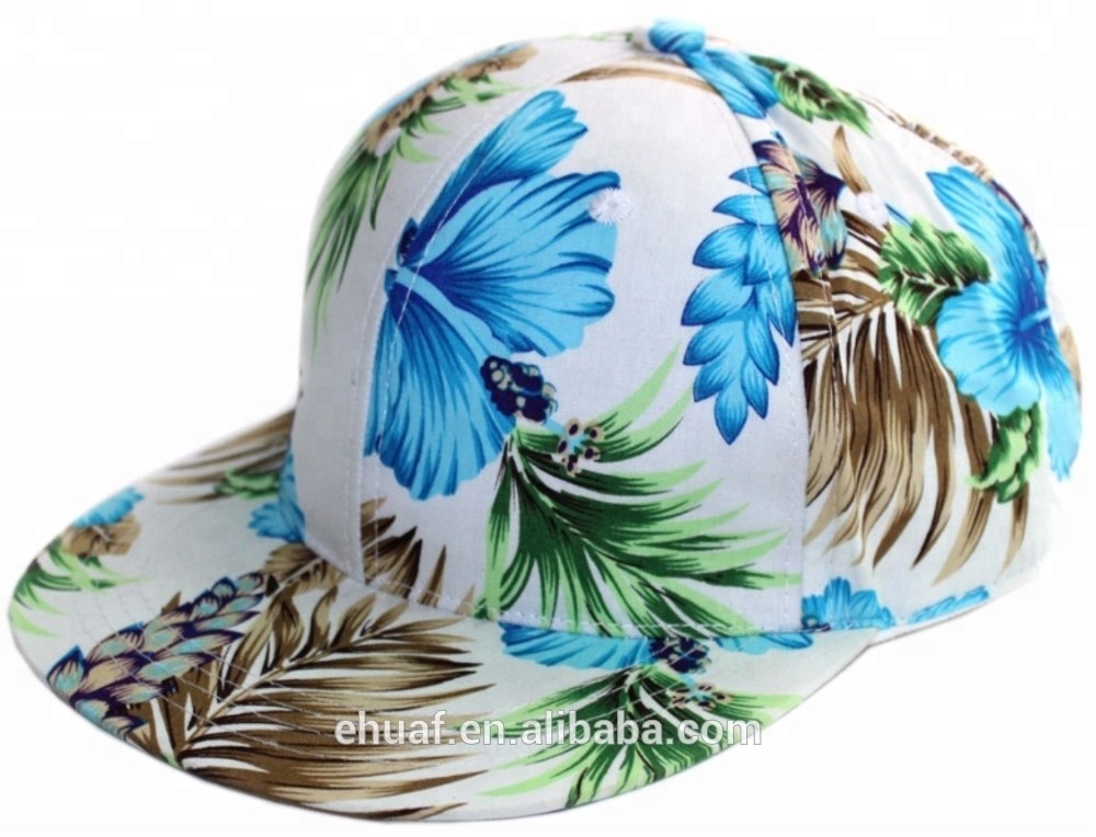 Summer fashion floral wholesale flat brim printed flower hawaii 6 panel structured snapback cap hat