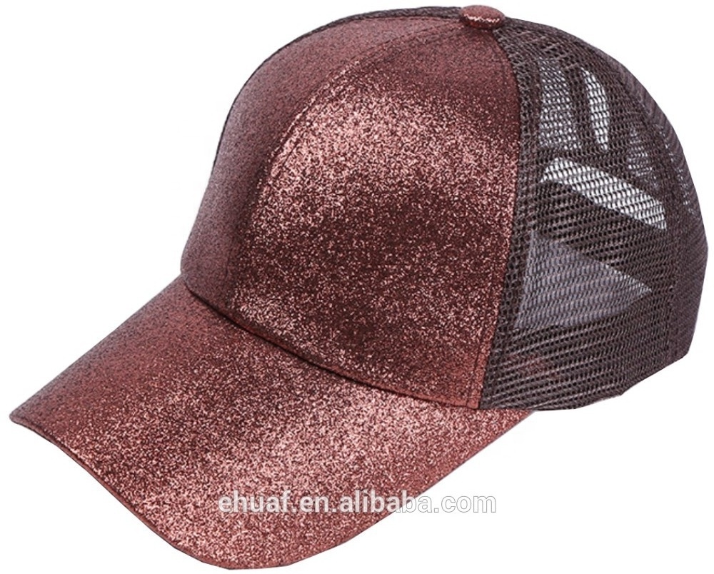 Six panel messy high bun adjustable glitter trucker bling mesh hat ponytail baseball cap