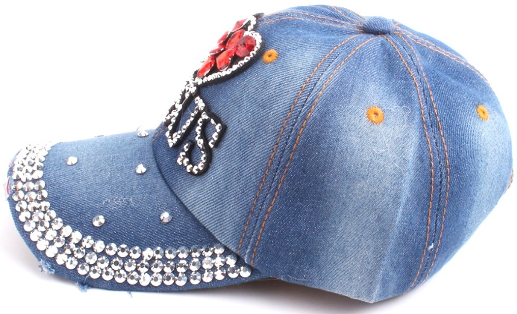 Fashion wholesale big crystal rhinestone distressed i love jesus cap baseball denim hat