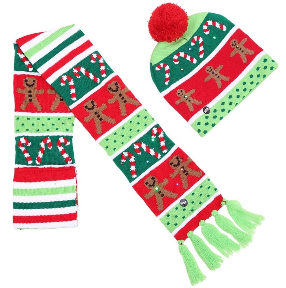 Fashion wholesale winter acrylic Christmas gingerbread man knit warm led pom beanie and scarf set