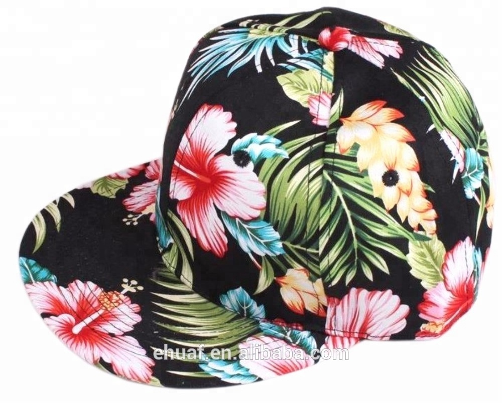 Summer fashion floral wholesale flat brim printed flower hawaii 6 panel structured snapback cap hat