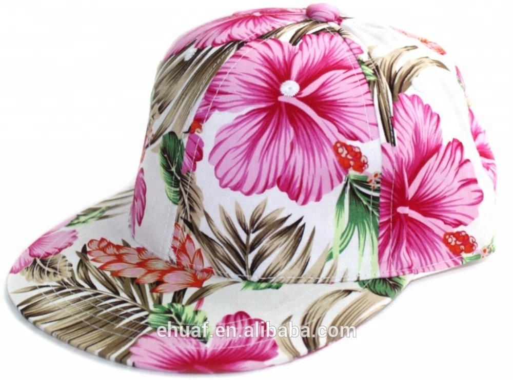 Summer fashion floral wholesale flat brim printed flower hawaii 6 panel structured snapback cap hat