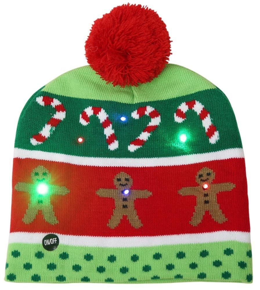 Fashion wholesale winter acrylic Christmas gingerbread man knit warm led pom beanie and scarf set