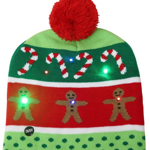 Fashion wholesale winter acrylic Christmas gingerbread man knit warm led pom beanie and scarf set