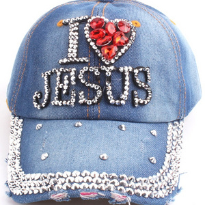 Fashion wholesale big crystal rhinestone distressed i love jesus cap baseball denim hat