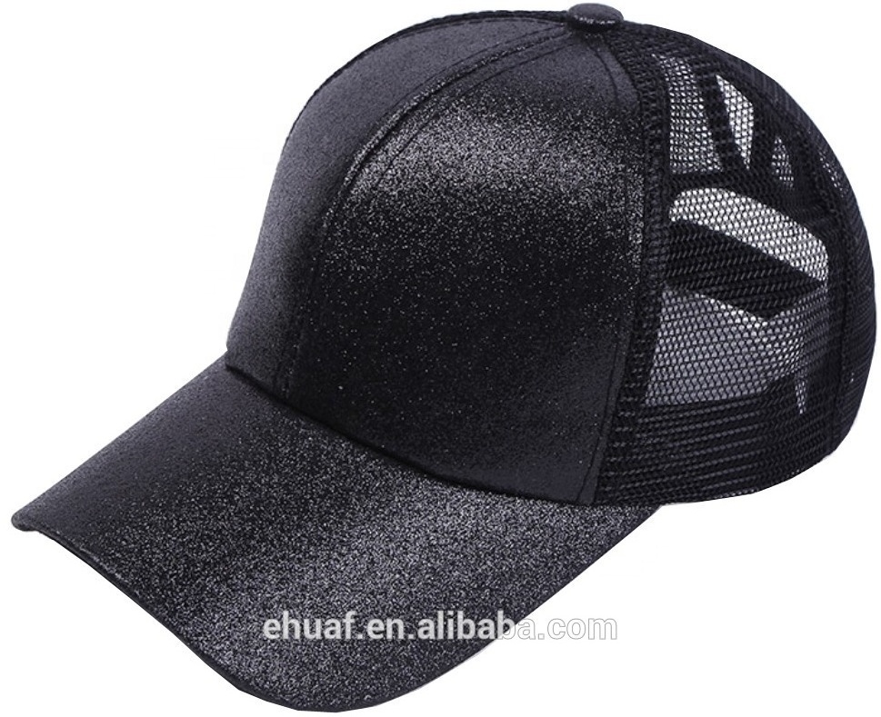 Six panel messy high bun adjustable glitter trucker bling mesh hat ponytail baseball cap