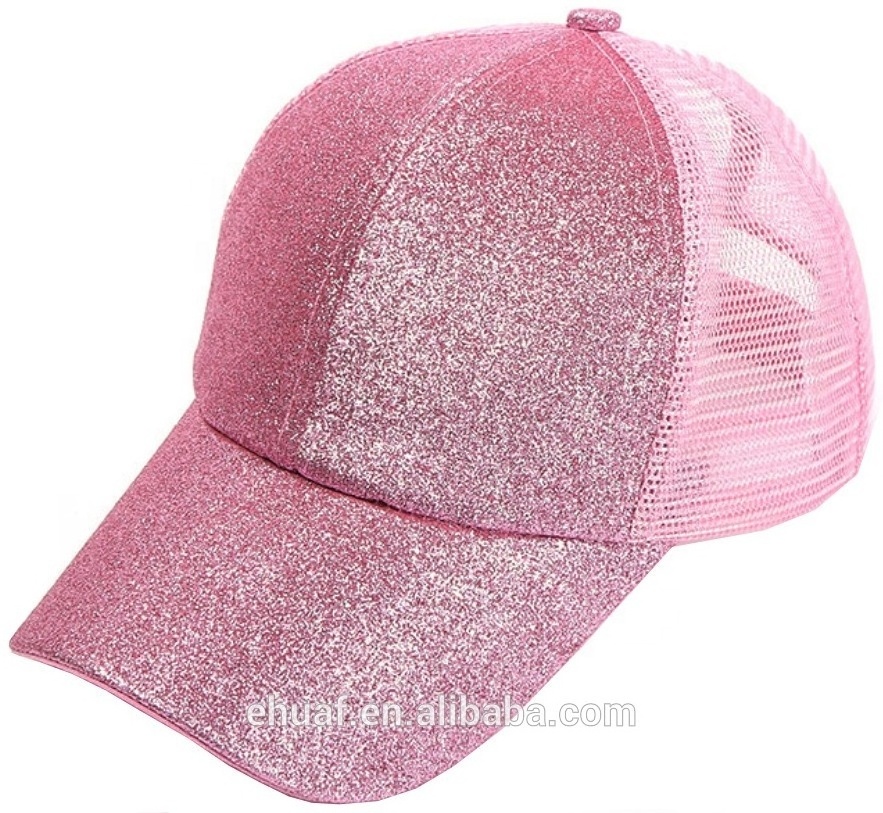 Six panel messy high bun adjustable glitter trucker bling mesh hat ponytail baseball cap