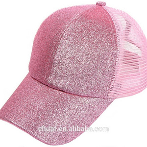 Six panel messy high bun adjustable glitter trucker bling mesh hat ponytail baseball cap