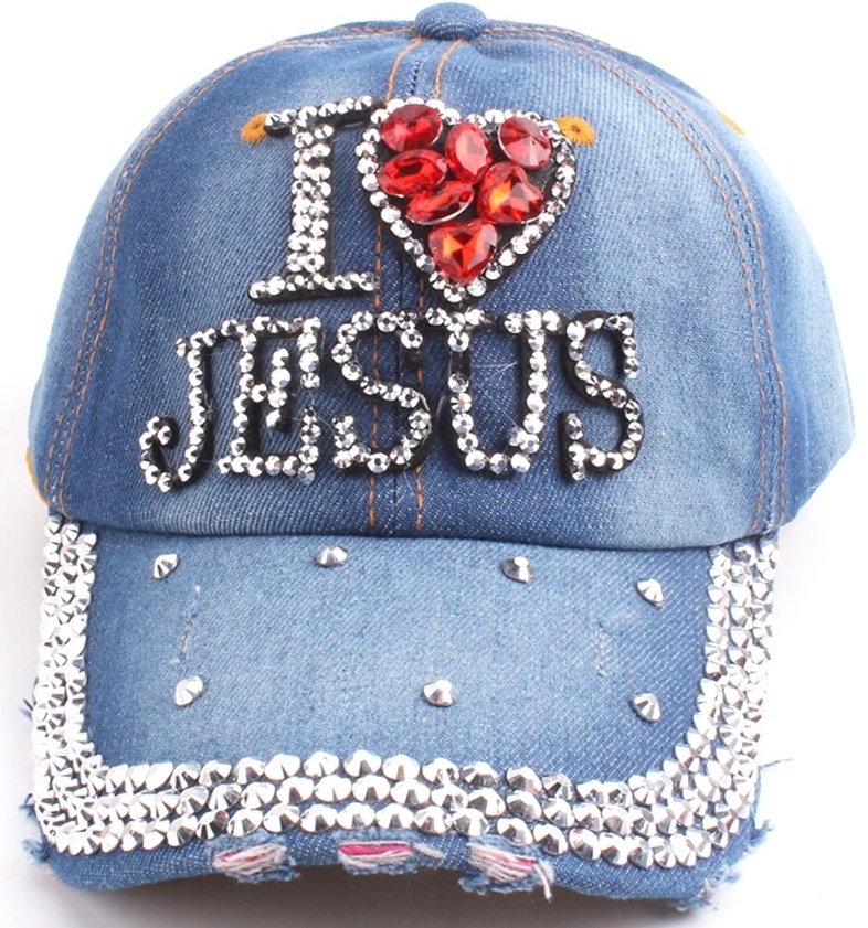 Fashion wholesale big crystal rhinestone distressed i love jesus cap baseball denim hat