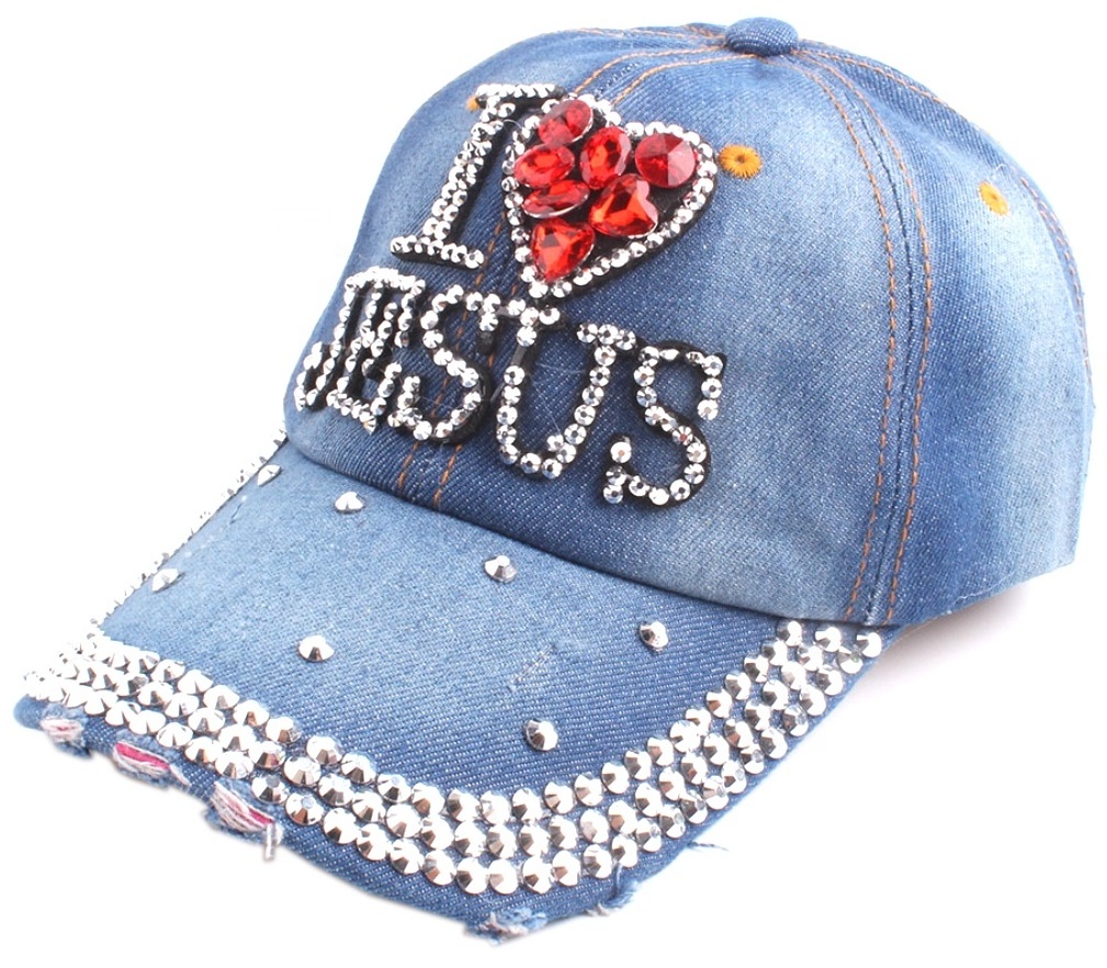 Fashion wholesale big crystal rhinestone distressed i love jesus cap baseball denim hat