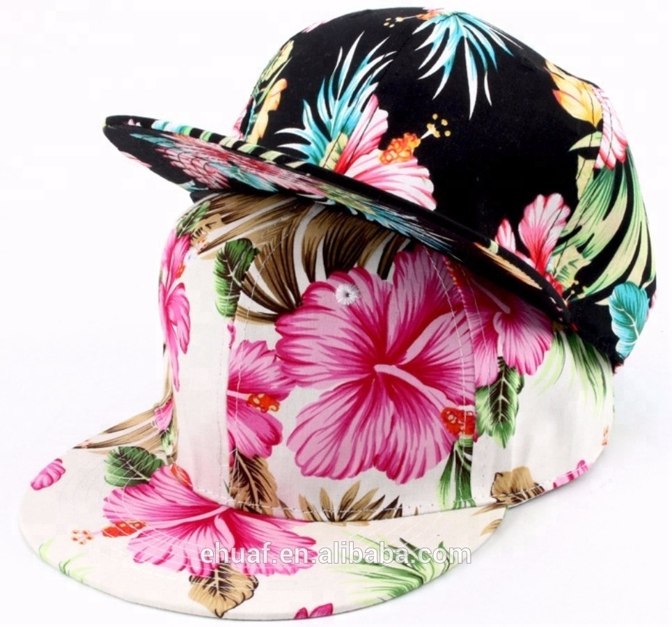 Summer fashion floral wholesale flat brim printed flower hawaii 6 panel structured snapback cap hat