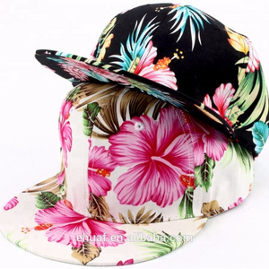 Summer fashion floral wholesale flat brim printed flower hawaii 6 panel structured snapback cap hat