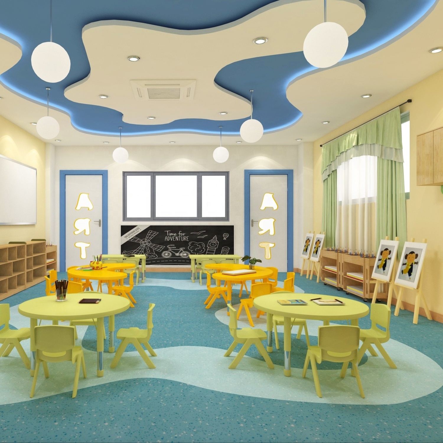 Kids child care centre art room furniture set up design and kids plastic table chairs wooden cabinet painting board supplies