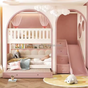 Girl princess bunk bed girl with storage cabinet multi-function bed full size bed frame with ladder and slide