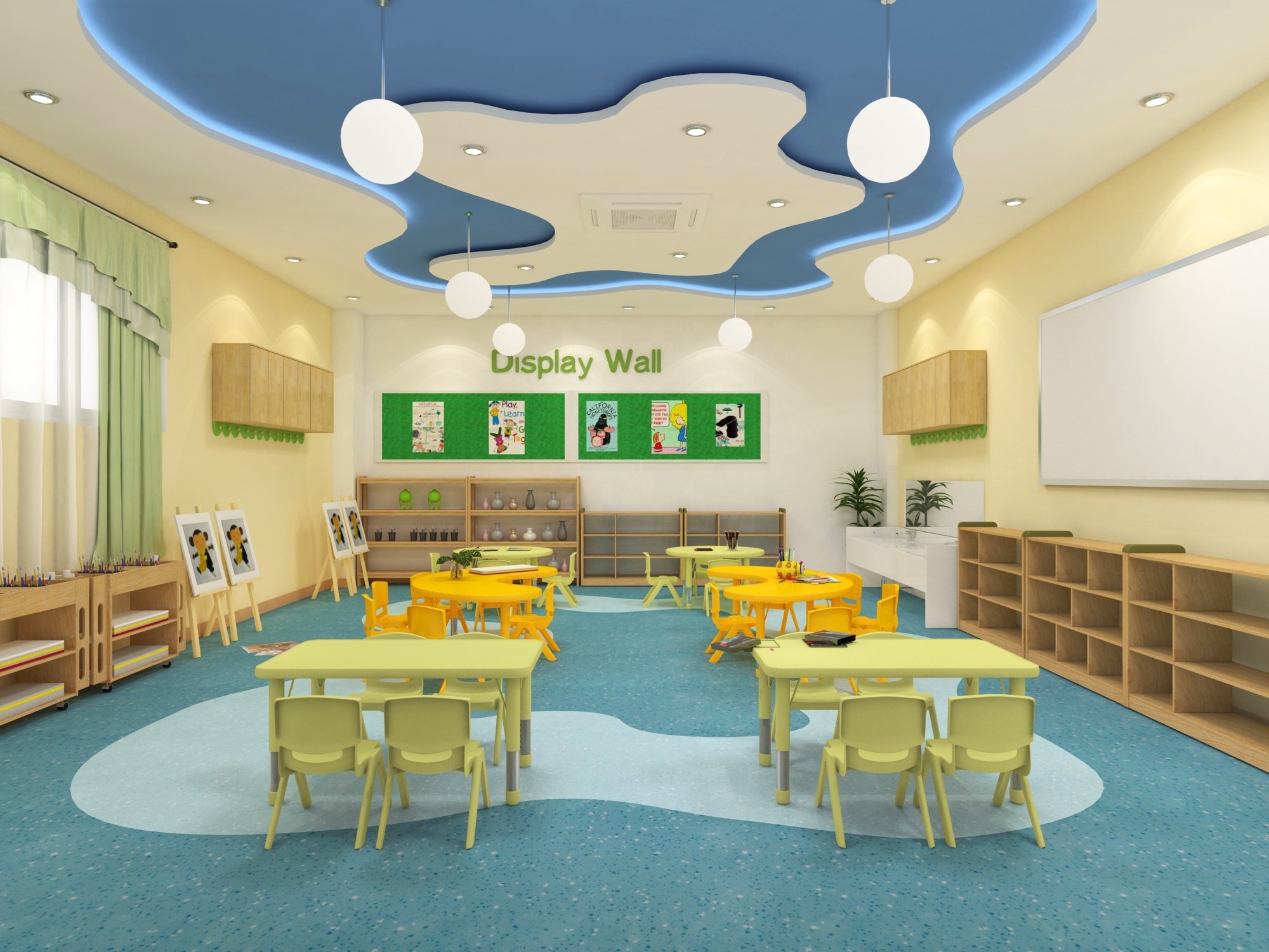 Kids child care centre art room furniture set up design and kids plastic table chairs wooden cabinet painting board supplies