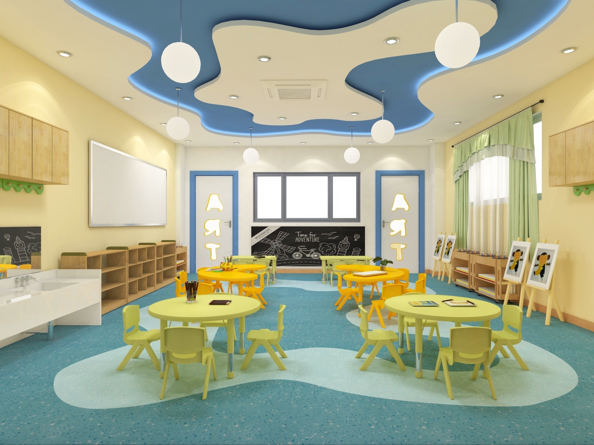 Kids child care centre art room furniture set up design and kids plastic table chairs wooden cabinet painting board supplies