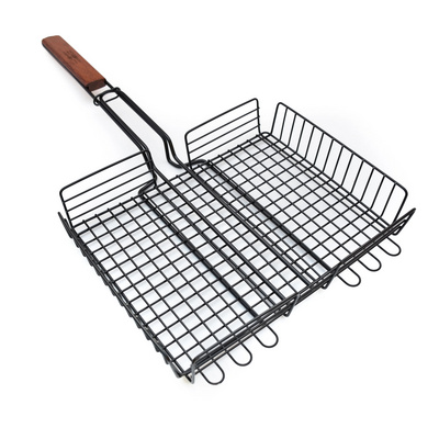 Large Capacity BBQ Grilling Basket Non Stick BBQ Grill Net Mesh With Wooden Handle For Outdoor Camping Cooking Grill Accessories