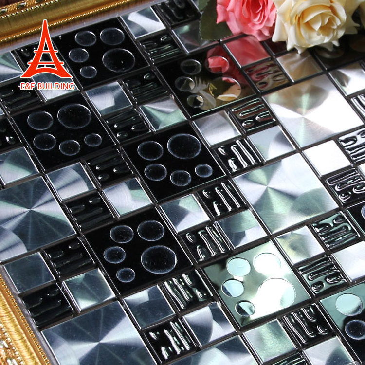 Hotel Decor Metal Mosaic Crystal Glass 300x300 Mosaic Tile Glossy Mix Stainless Steel Square Shiny Modern Floor Tile Parquet