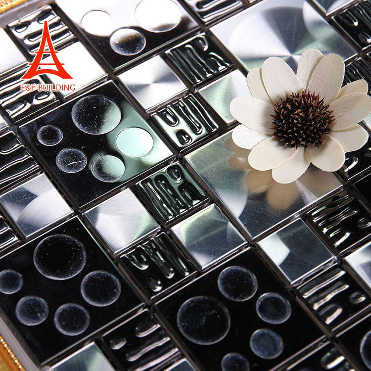 Hotel Decor Metal Mosaic Crystal Glass 300x300 Mosaic Tile Glossy Mix Stainless Steel Square Shiny Modern Floor Tile Parquet