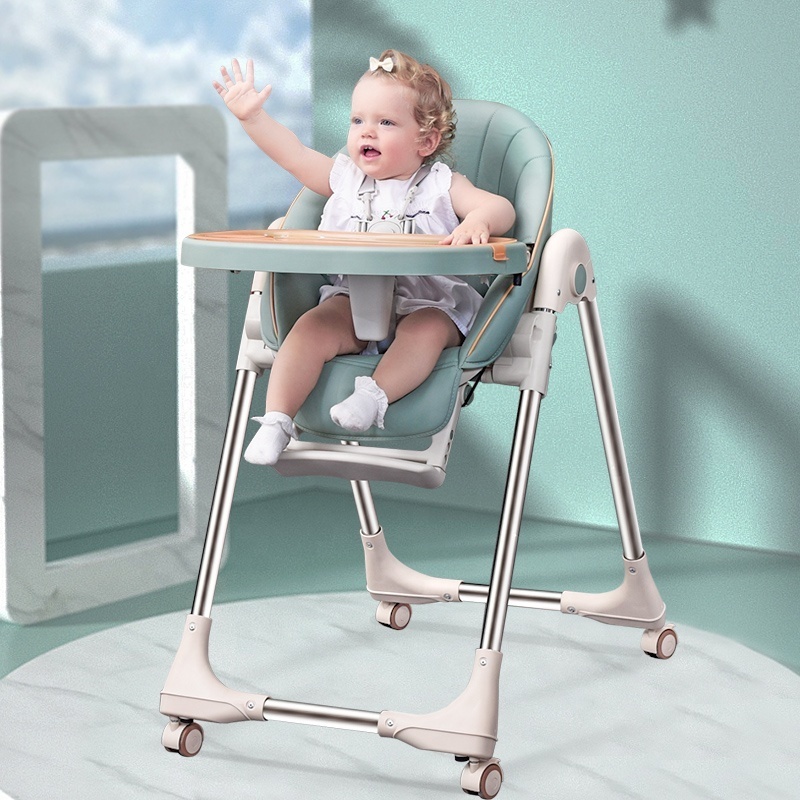 Baby feeding chair plastic foldable baby high chair portable folding kids chair children dining seat adjustable with wheels