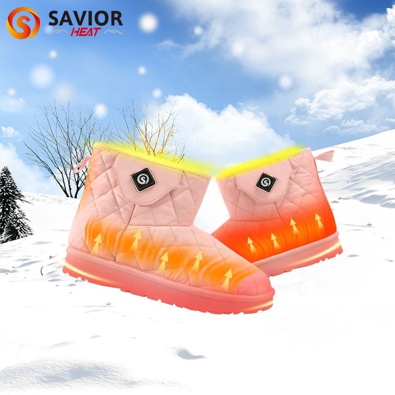 Customized 7.4V 4W Winter Outdoor Sports Cotton Fabric TPR Sole Foot Warmer Electric Heated Shoes Boots With Power Bank