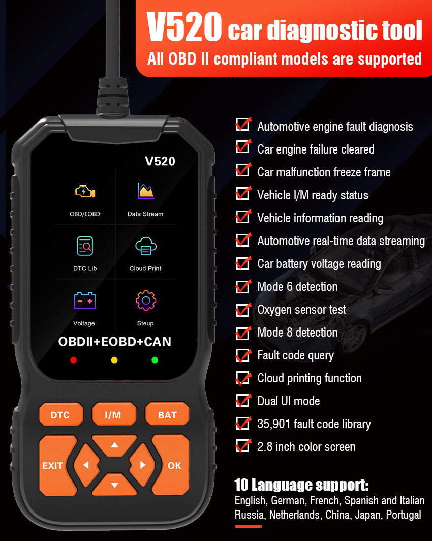 OBD2 Full Function V520 Code Reader Elm327 Car Diagnostic Tool 12V OBD Car Scanner