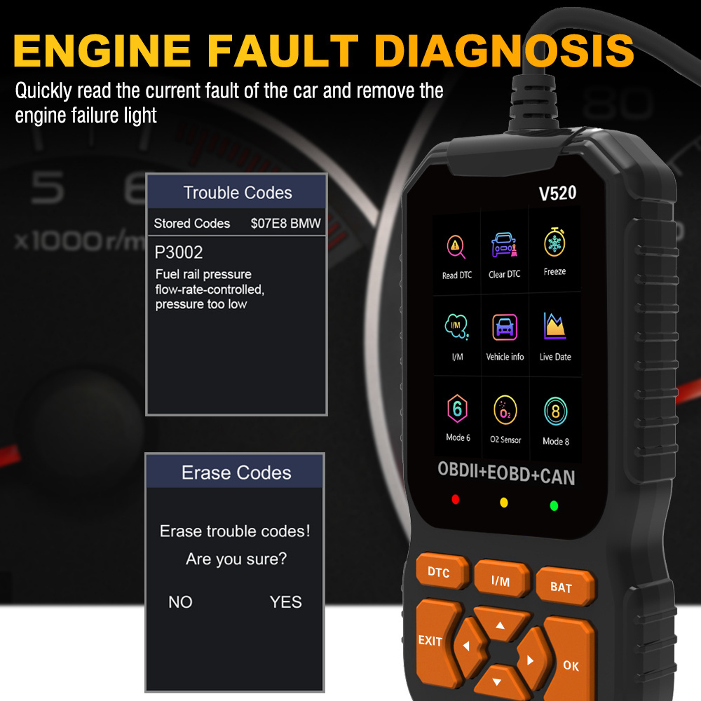 OBD2 Full Function V520 Code Reader Elm327 Car Diagnostic Tool 12V OBD Car Scanner