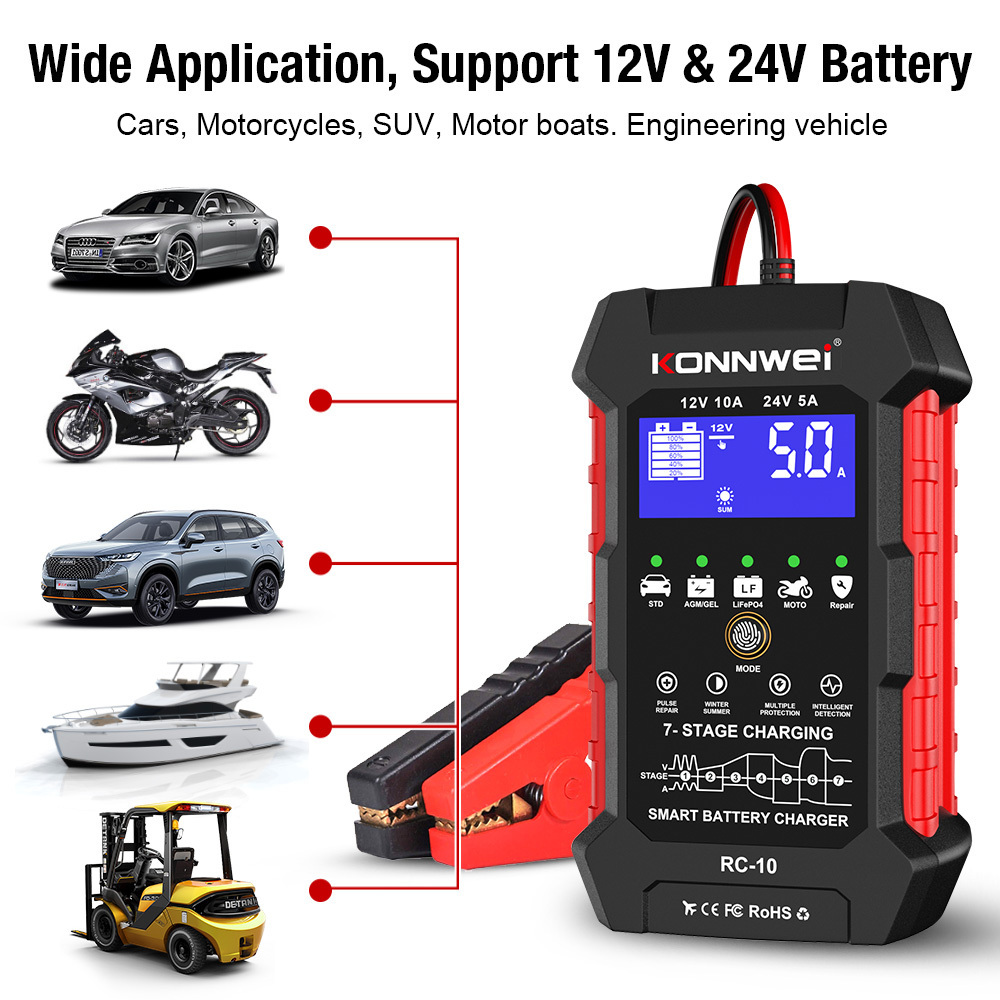 Smart Automatic Battery KONNWEI RC-10 12V 10 A  24V 5A Car Battery Charger Fast Charging Pulse Repair Battery Charging Analyzer