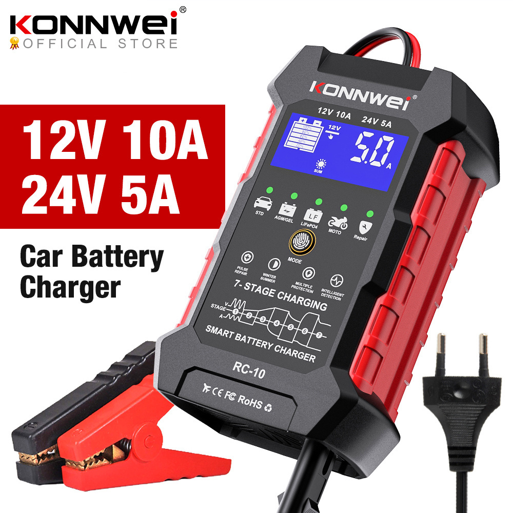 Smart Automatic Battery KONNWEI RC-10 12V 10 A  24V 5A Car Battery Charger Fast Charging Pulse Repair Battery Charging Analyzer