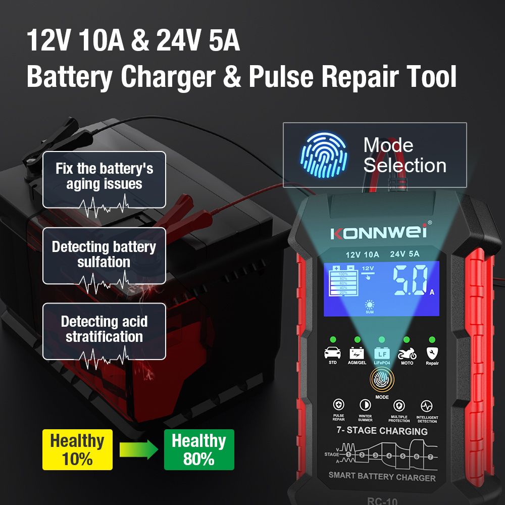 Smart Automatic Battery KONNWEI RC-10 12V 10 A  24V 5A Car Battery Charger Fast Charging Pulse Repair Battery Charging Analyzer