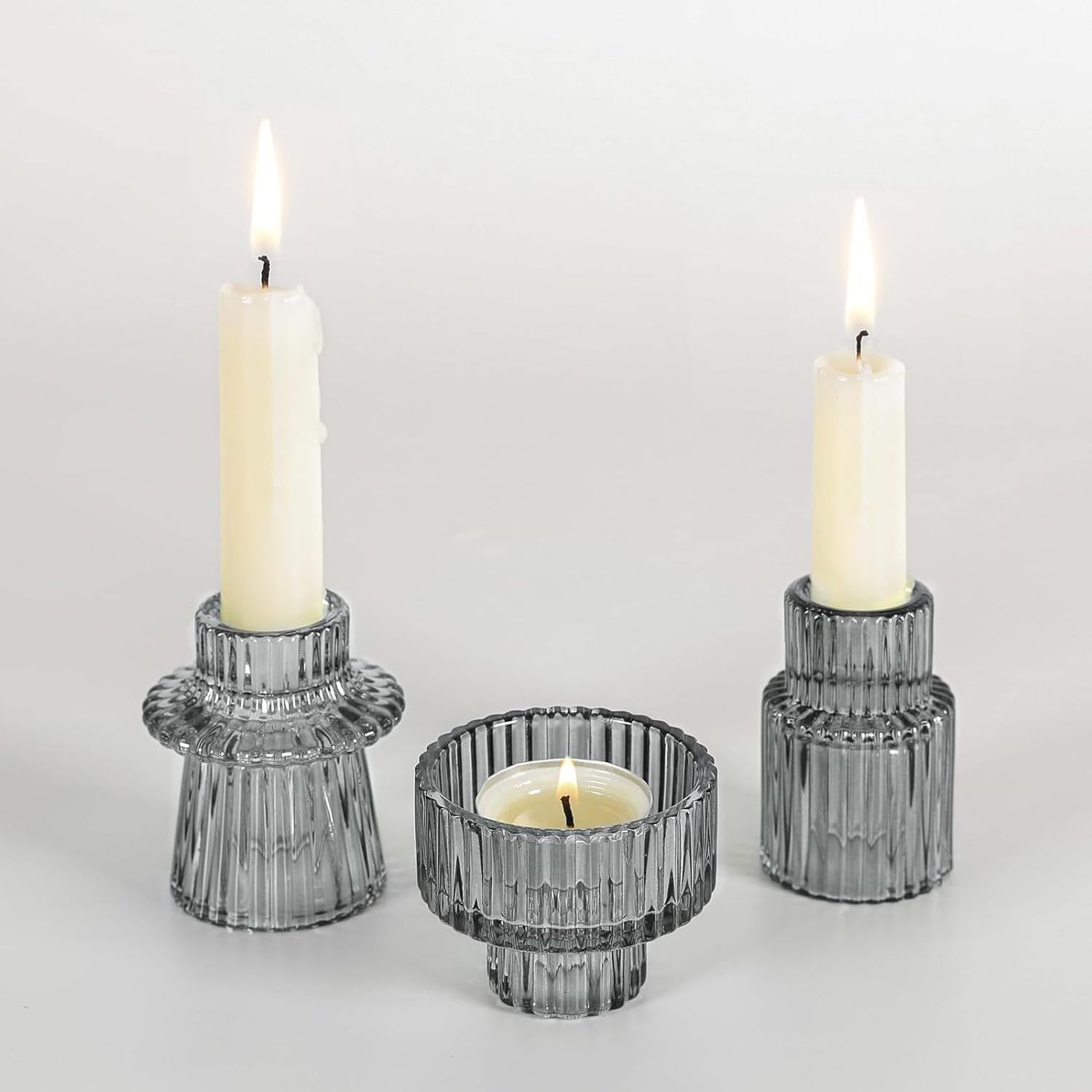 High Quality Glass Ribbed Candlestick Holder 2-In-1 Tea Light Candle Holder for Home Dinner Decoration