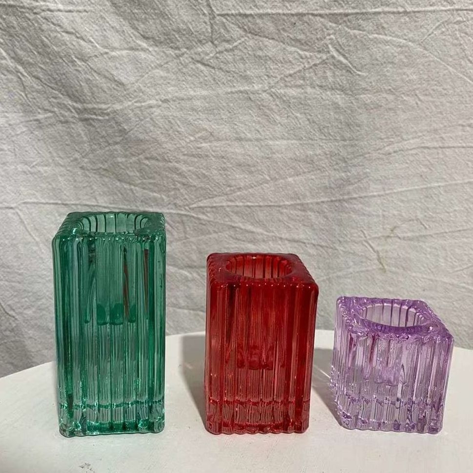 Square Ribbed Candle Sticks Creative Fashion Small Glass Candlestick Production Multi-Color Candle Holders for Home