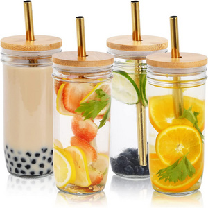 High Quality Mason Jar Drinking Glasses Tumblers With Bamboo Lids and Straws for Juice Iced Coffee