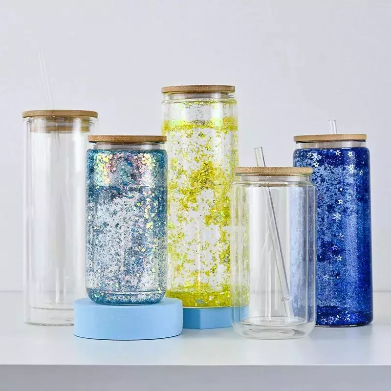 EIPP Pre Drilled Snowglobe Diy Mugs Glass Can Blank Sublimation Glitter Double Wall Beer Glass Cups with Lid Straw Bottom Hole